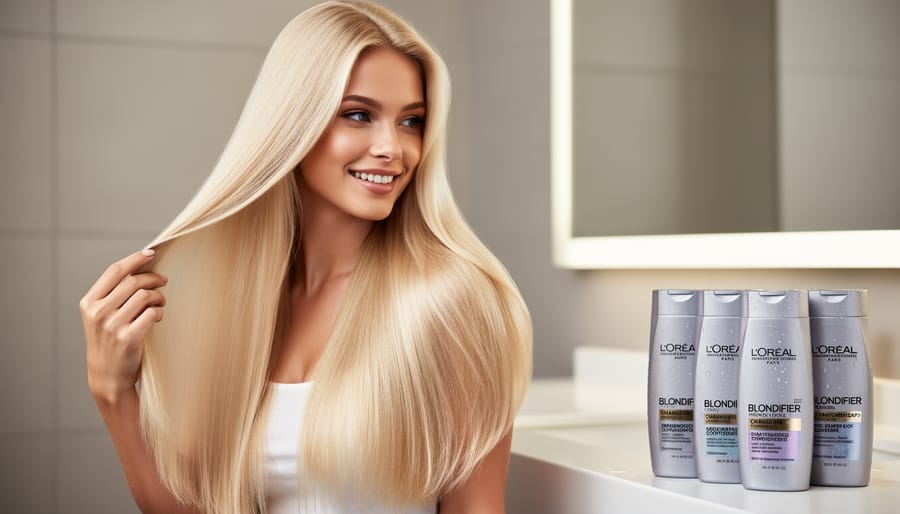 Back view of woman with long healthy blonde hair showing shine and dimension