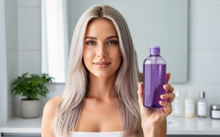 Woman with cool-toned blonde hair in a sunlit modern bathroom holding a label-free translucent purple shampoo bottle, with a softly blurred vanity, mirror, and green plant in the background.