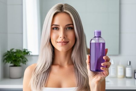 Woman with cool-toned blonde hair in a sunlit modern bathroom holding a label-free translucent purple shampoo bottle, with a softly blurred vanity, mirror, and green plant in the background.
