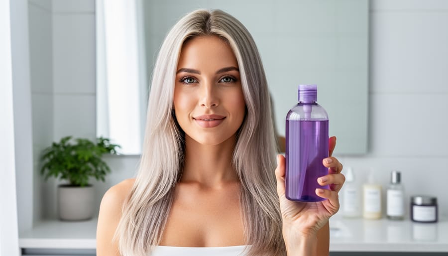 Woman with cool-toned blonde hair in a sunlit modern bathroom holding a label-free translucent purple shampoo bottle, with a softly blurred vanity, mirror, and green plant in the background.