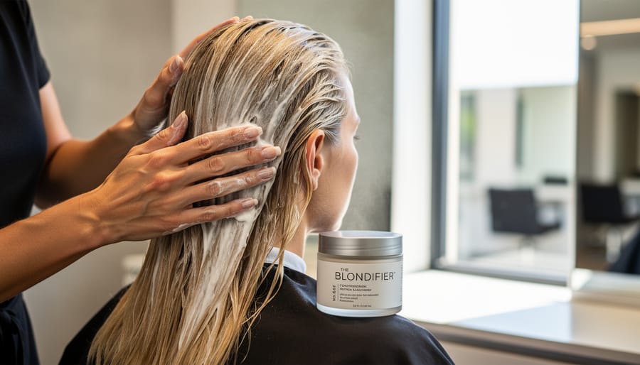 Woman applying purple-toned hair treatment mask to blonde hair in bathroom setting