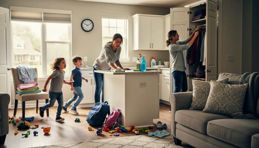 Parent looking stressed while standing in cluttered living room with toys and family items