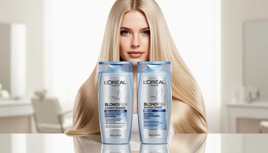 Close-up of healthy shimmering blonde hair with cool platinum tones and visible shine