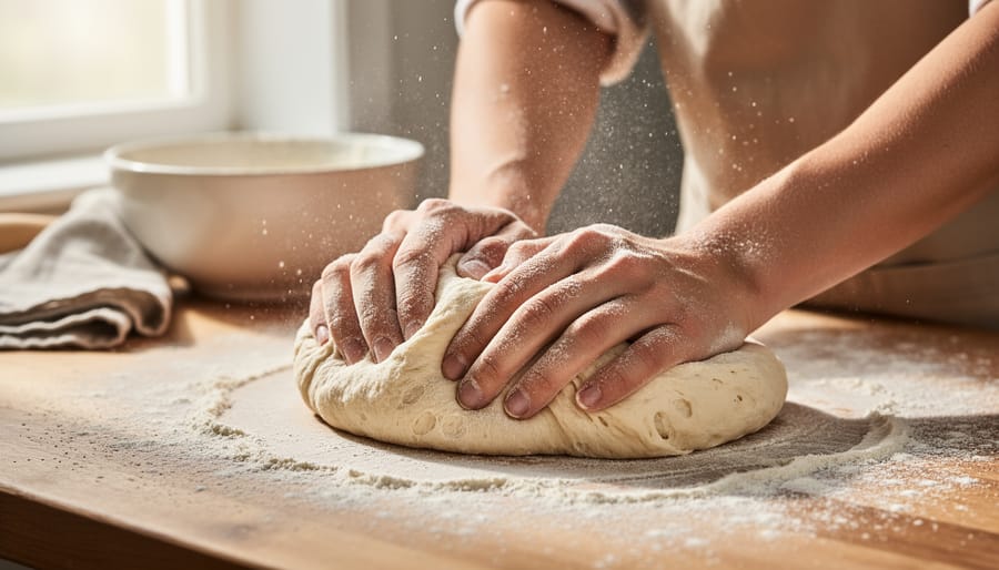 Overhead view of hands kneading bread dough on floured countertop