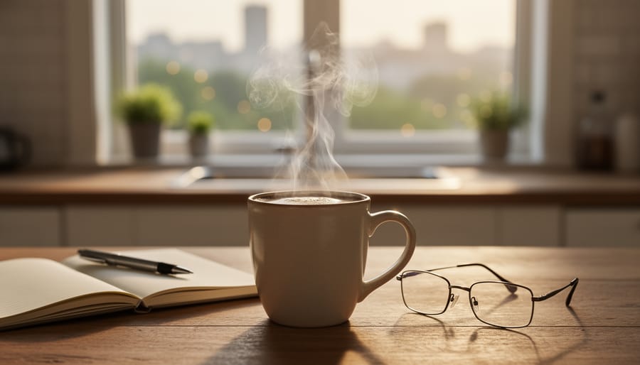 Woman's hands holding steaming coffee mug in morning sunlight