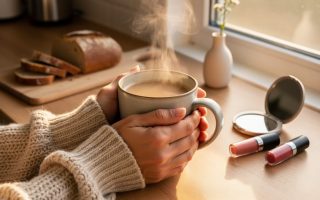 Hands in a knit sweater holding a steaming ceramic mug on a kitchen windowsill in warm morning light, with blurred sliced bread on a wooden board, a small vase flower, and a compact mirror with lipstick.