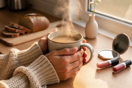 Hands in a knit sweater holding a steaming ceramic mug on a kitchen windowsill in warm morning light, with blurred sliced bread on a wooden board, a small vase flower, and a compact mirror with lipstick.