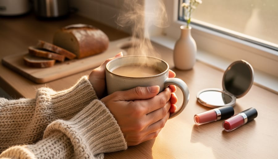 Hands in a knit sweater holding a steaming ceramic mug on a kitchen windowsill in warm morning light, with blurred sliced bread on a wooden board, a small vase flower, and a compact mirror with lipstick.