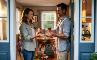 Parent at a home doorway handing house keys to a professional buyer, with children and household clutter softly blurred in the background under warm late-afternoon light, emphasizing relief and convenience.