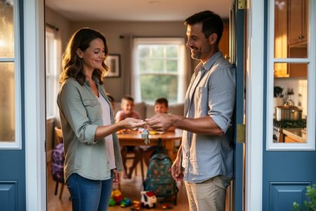 Parent at a home doorway handing house keys to a professional buyer, with children and household clutter softly blurred in the background under warm late-afternoon light, emphasizing relief and convenience.