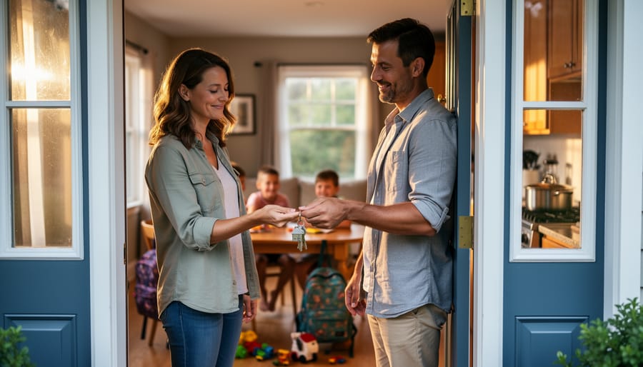 Parent at a home doorway handing house keys to a professional buyer, with children and household clutter softly blurred in the background under warm late-afternoon light, emphasizing relief and convenience.