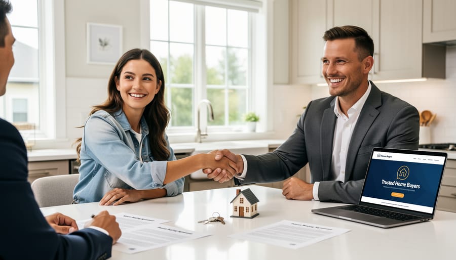 Two people shaking hands over table with house keys representing home sale agreement