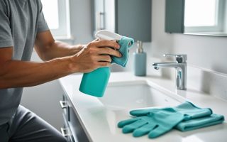A person kneeling beside a bathroom sink wipes the counter with a cleaning cloth and spray bottle as part of a daily maintenance routine.