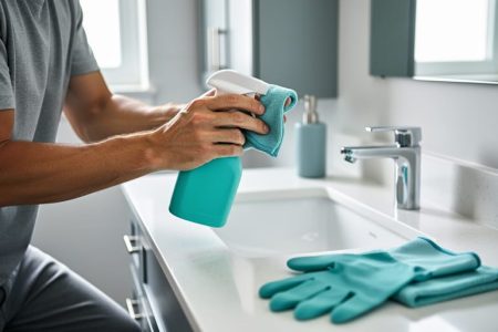 A person kneeling beside a bathroom sink wipes the counter with a cleaning cloth and spray bottle as part of a daily maintenance routine.