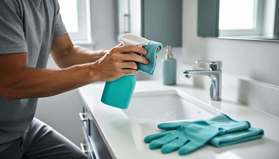 A person kneeling beside a bathroom sink wipes the counter with a cleaning cloth and spray bottle as part of a daily maintenance routine.