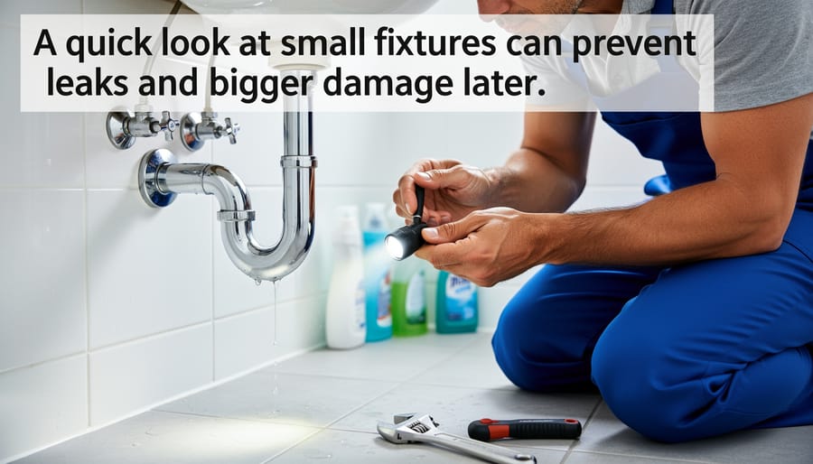 Hands tightening a bathroom sink faucet under a mirror