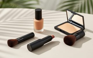 Makeup bag set with a matte lip crayon and highlighter beside a brush and mirror, styled with warm lighting and a softly blurred tropical background.