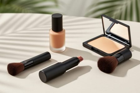 Makeup bag set with a matte lip crayon and highlighter beside a brush and mirror, styled with warm lighting and a softly blurred tropical background.