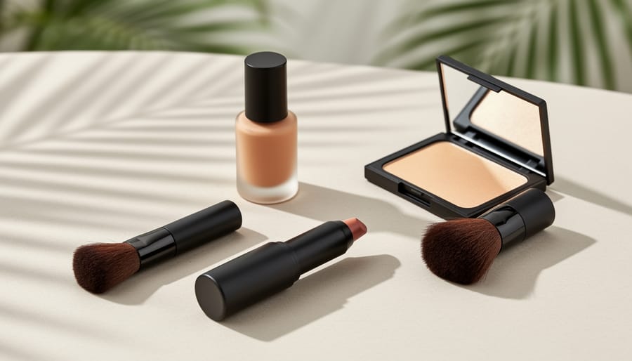 Makeup bag set with a matte lip crayon and highlighter beside a brush and mirror, styled with warm lighting and a softly blurred tropical background.