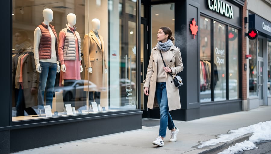 Woman holding a lightweight trench coat outside a Canadian boutique storefront in early spring.