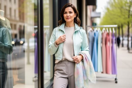 A Canadian woman wearing a lightweight spring jacket and scarf outside a shop with early spring clothing racks blurred in the background.
