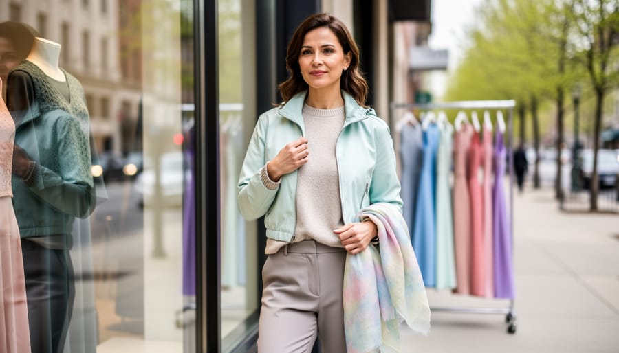 A Canadian woman wearing a lightweight spring jacket and scarf outside a shop with early spring clothing racks blurred in the background.