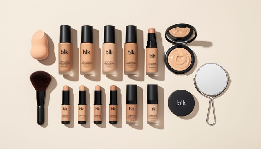 Flat lay of foundation and concealer products from blk cosmetics with a makeup sponge on a vanity counter