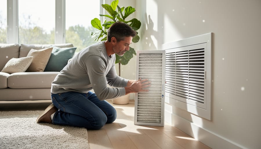 Air filter held near a living-room HVAC vent