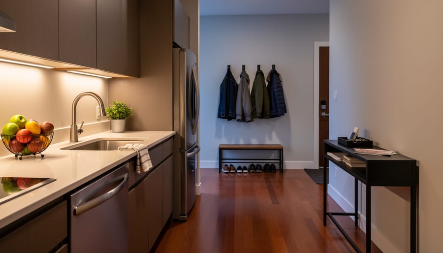 Clean kitchen counter with dish rack and keys near a closed front door