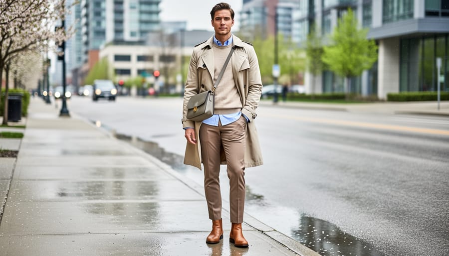 Woman walking in a layered trench coat and cardigan outfit on a wet sidewalk in early spring.