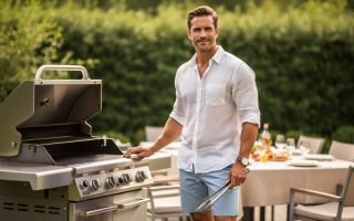 A man wearing a light linen shirt and shorts at an outdoor barbecue, styled in fresh summer colors.