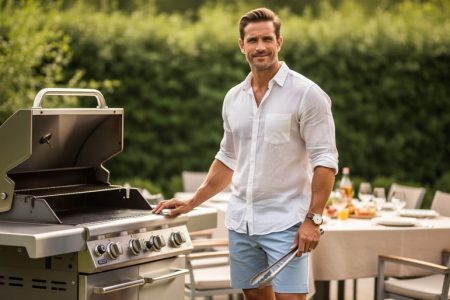 A man wearing a light linen shirt and shorts at an outdoor barbecue, styled in fresh summer colors.