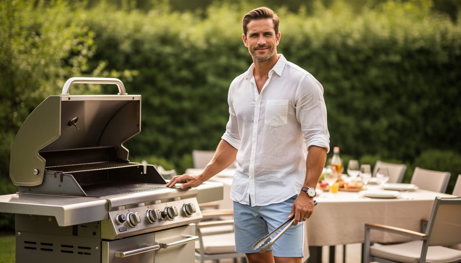 A man wearing a light linen shirt and shorts at an outdoor barbecue, styled in fresh summer colors.