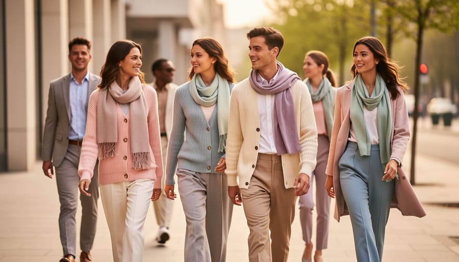 Overhead view of spring-colored sweaters and a sage scarf on a clothing rack.