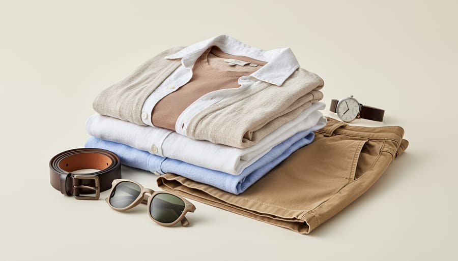 Summer clothing essentials laid out on a bed, including linen shirts, a lightweight blazer, and loafers