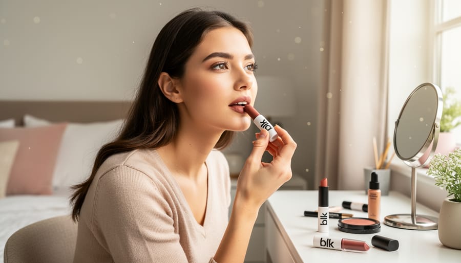 Woman applying a lipstick from blk cosmetics in a well-lit bathroom mirror scene while holding a makeup bag