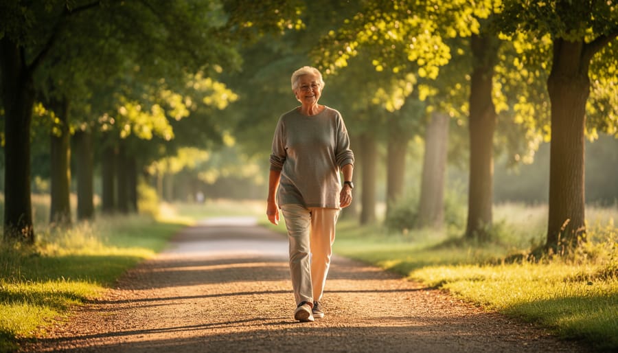 An elderly couple walking together in a park during golden hour with warm sunlight and greenery around them.