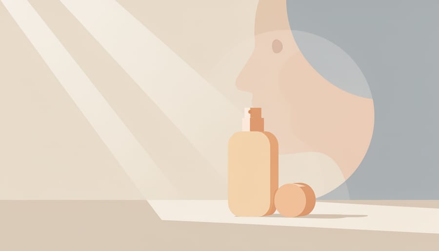 Close-up of a hand holding sunscreen bottle near a window with soft natural light.