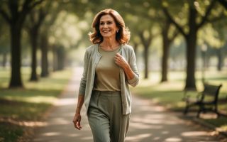 A confident woman in her 50s walking in a sunlit park path, looking calm and vibrant.