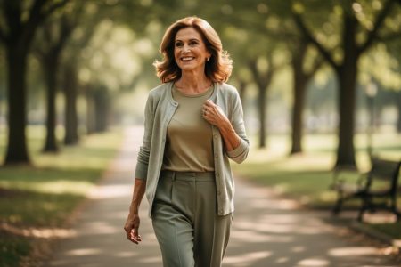 A confident woman in her 50s walking in a sunlit park path, looking calm and vibrant.