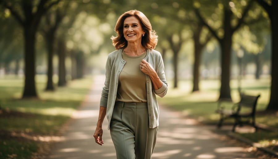 A confident woman in her 50s walking in a sunlit park path, looking calm and vibrant.
