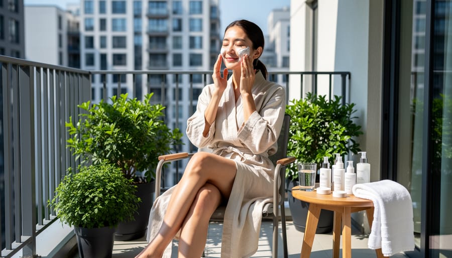 Woman applying moisturizer in a sunlit balcony setting, showing a calm, confident skincare routine.