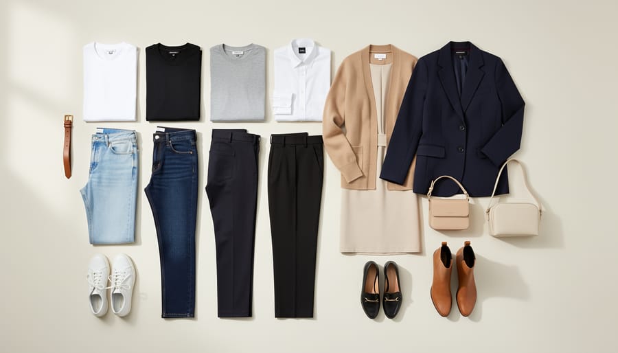 Neatly arranged capsule wardrobe essentials including a blazer, white tee, jeans, cardigan, belt, and sneakers on a bed