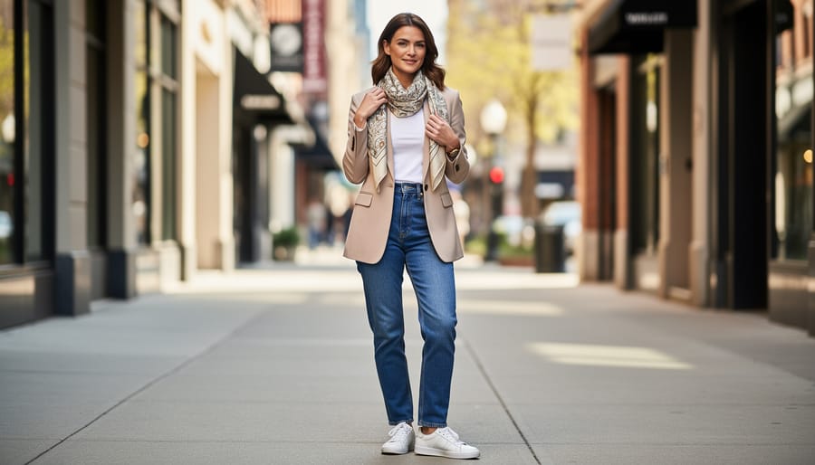 Person styling an outfit by adding a blazer and scarf in front of a mirror