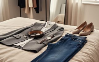 Neatly styled clothing and accessories on a bed, featuring a fitted blazer, tailored jeans, and a statement leather accessory for an effortlessly polished look.