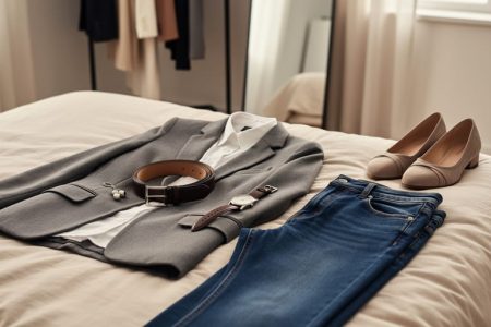 Neatly styled clothing and accessories on a bed, featuring a fitted blazer, tailored jeans, and a statement leather accessory for an effortlessly polished look.