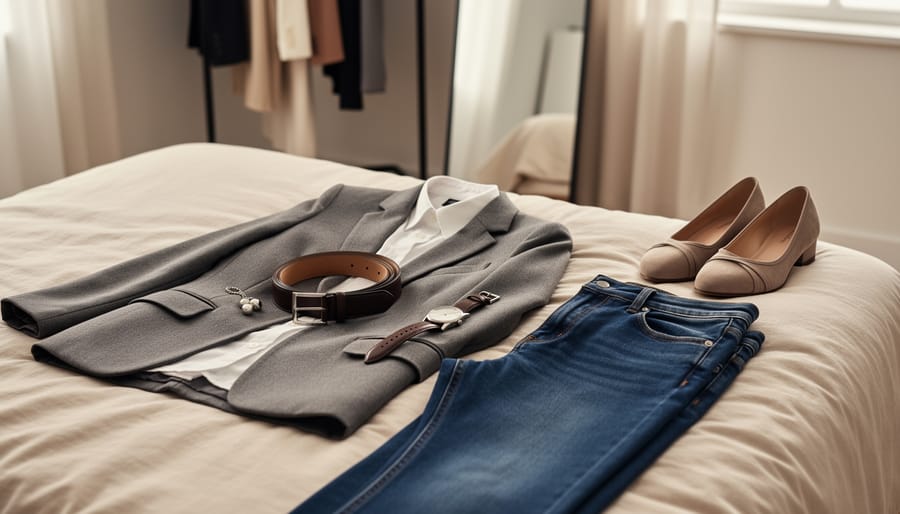 Neatly styled clothing and accessories on a bed, featuring a fitted blazer, tailored jeans, and a statement leather accessory for an effortlessly polished look.