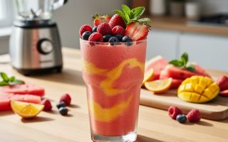 A clear glass of watermelon-pink and mango-gold smoothie with fresh berries and mint on a bright wooden table, with a softly blurred blender and fruit in the background.