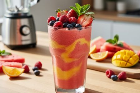 A clear glass of watermelon-pink and mango-gold smoothie with fresh berries and mint on a bright wooden table, with a softly blurred blender and fruit in the background.