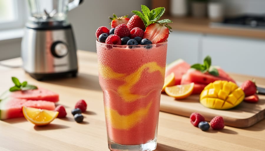 A clear glass of watermelon-pink and mango-gold smoothie with fresh berries and mint on a bright wooden table, with a softly blurred blender and fruit in the background.